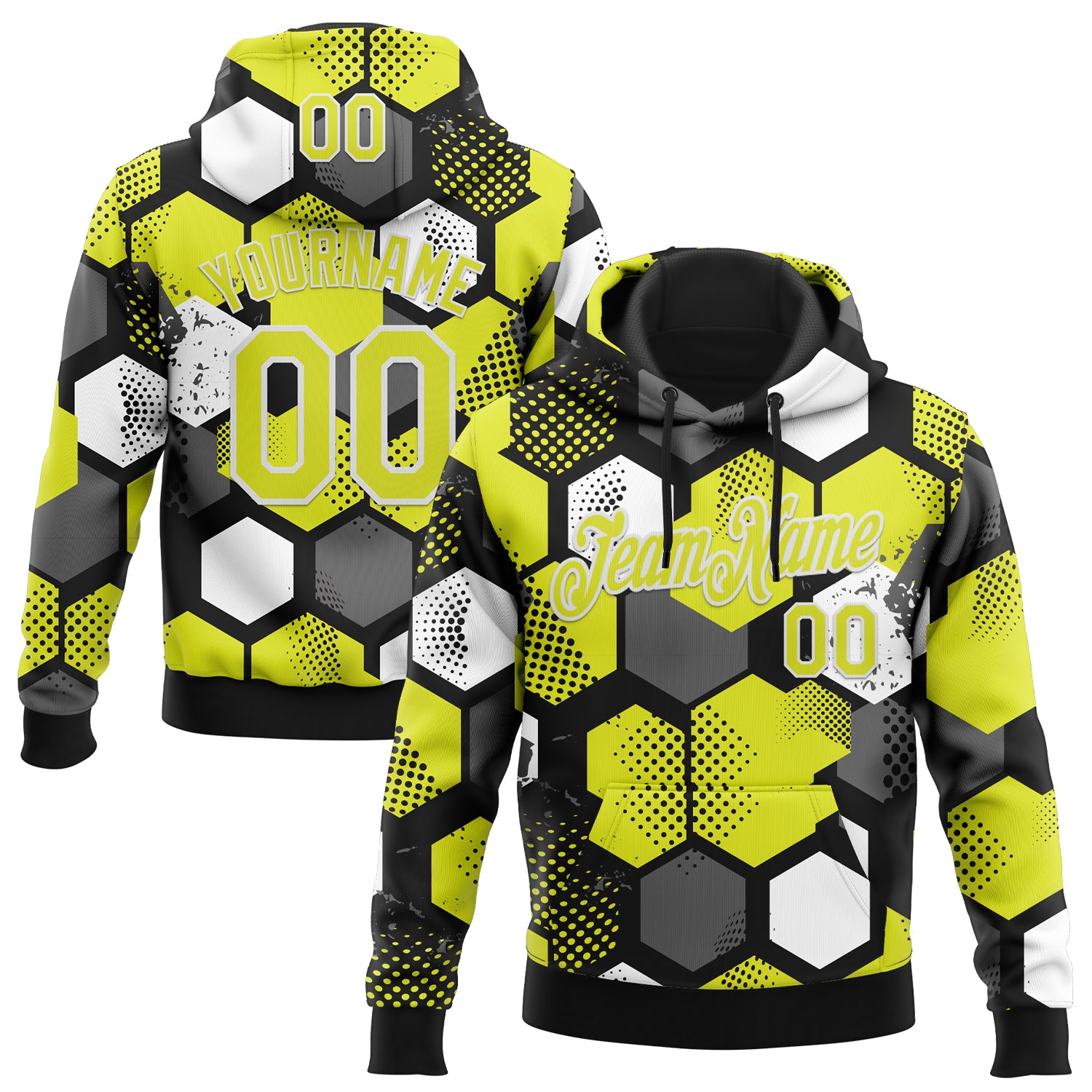 Custom Stitched Black Neon Yellow-White Geometric Shape Pattern Sports Pullover Sweatshirt Hoodie