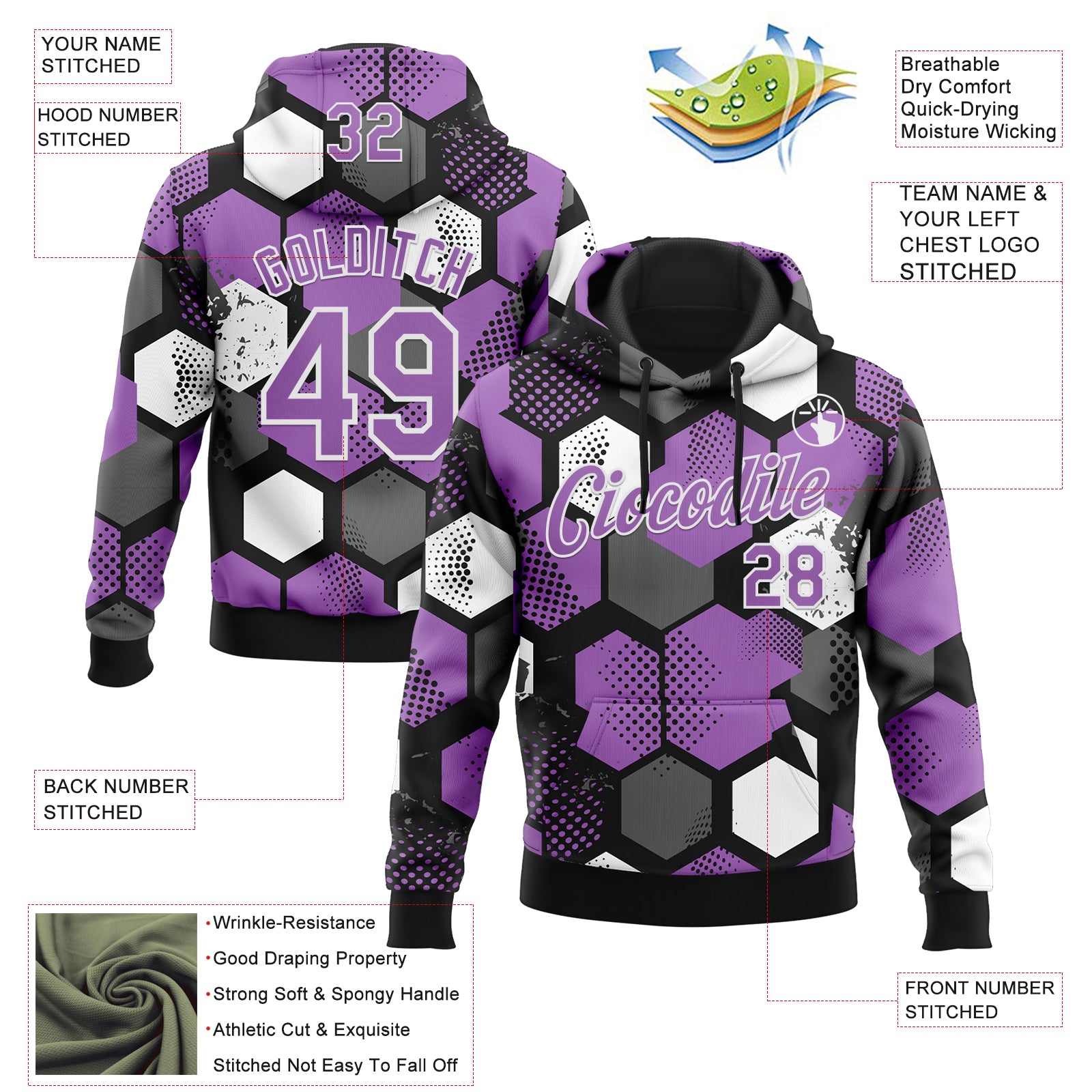 Custom Stitched Black Medium Purple-White Geometric Shape Pattern Sports Pullover Sweatshirt Hoodie