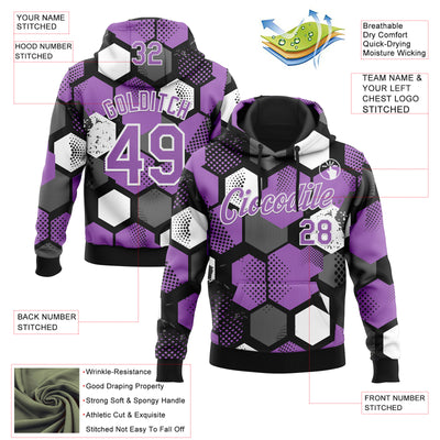 Custom Stitched Black Medium Purple-White Geometric Shape Pattern Sports Pullover Sweatshirt Hoodie