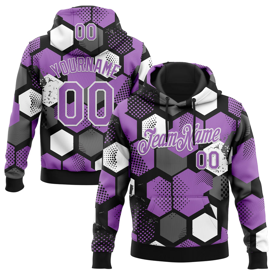 Custom Stitched Black Medium Purple-White Geometric Shape Pattern Sports Pullover Sweatshirt Hoodie