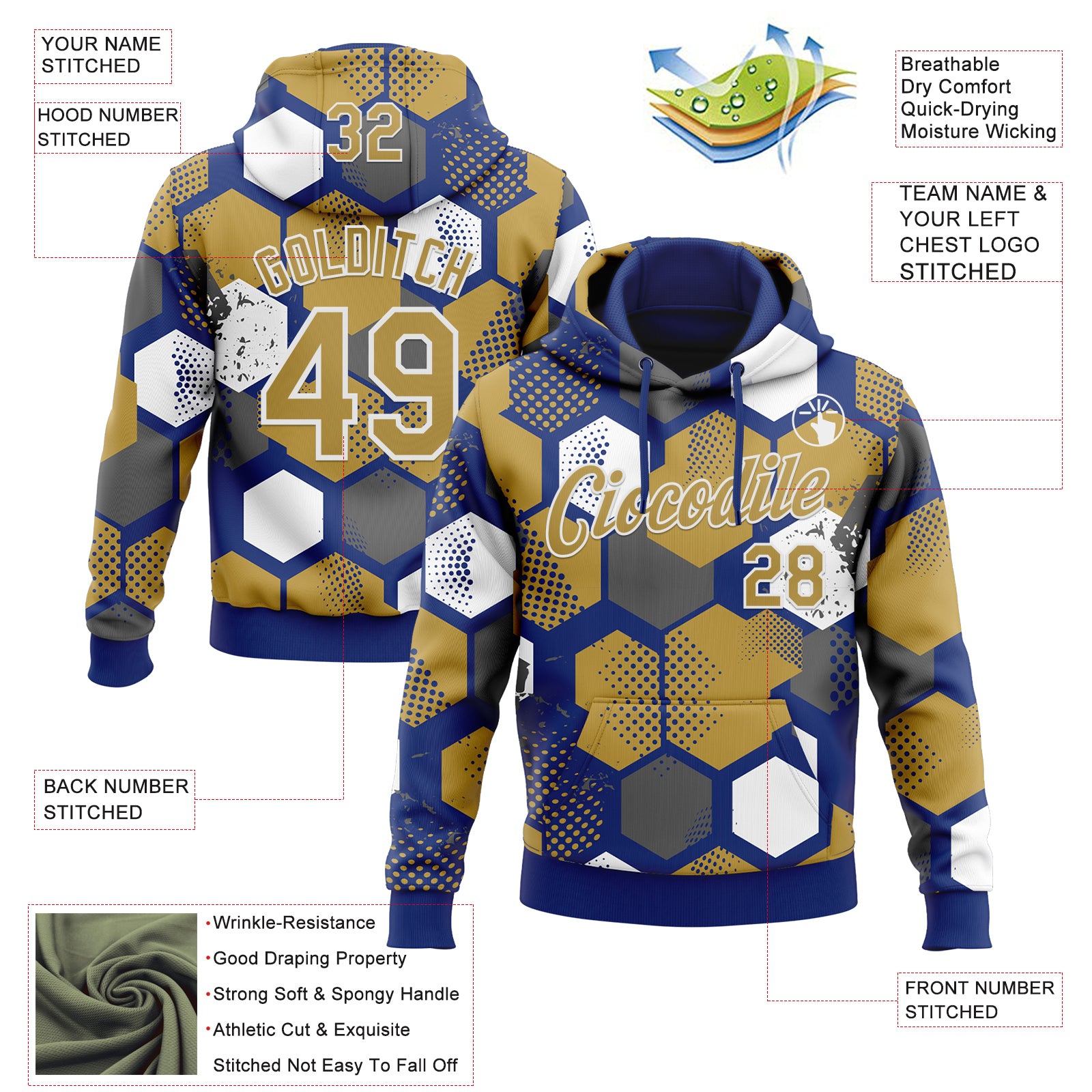Custom Stitched Royal Old Gold-White Geometric Shape Pattern Sports Pullover Sweatshirt Hoodie