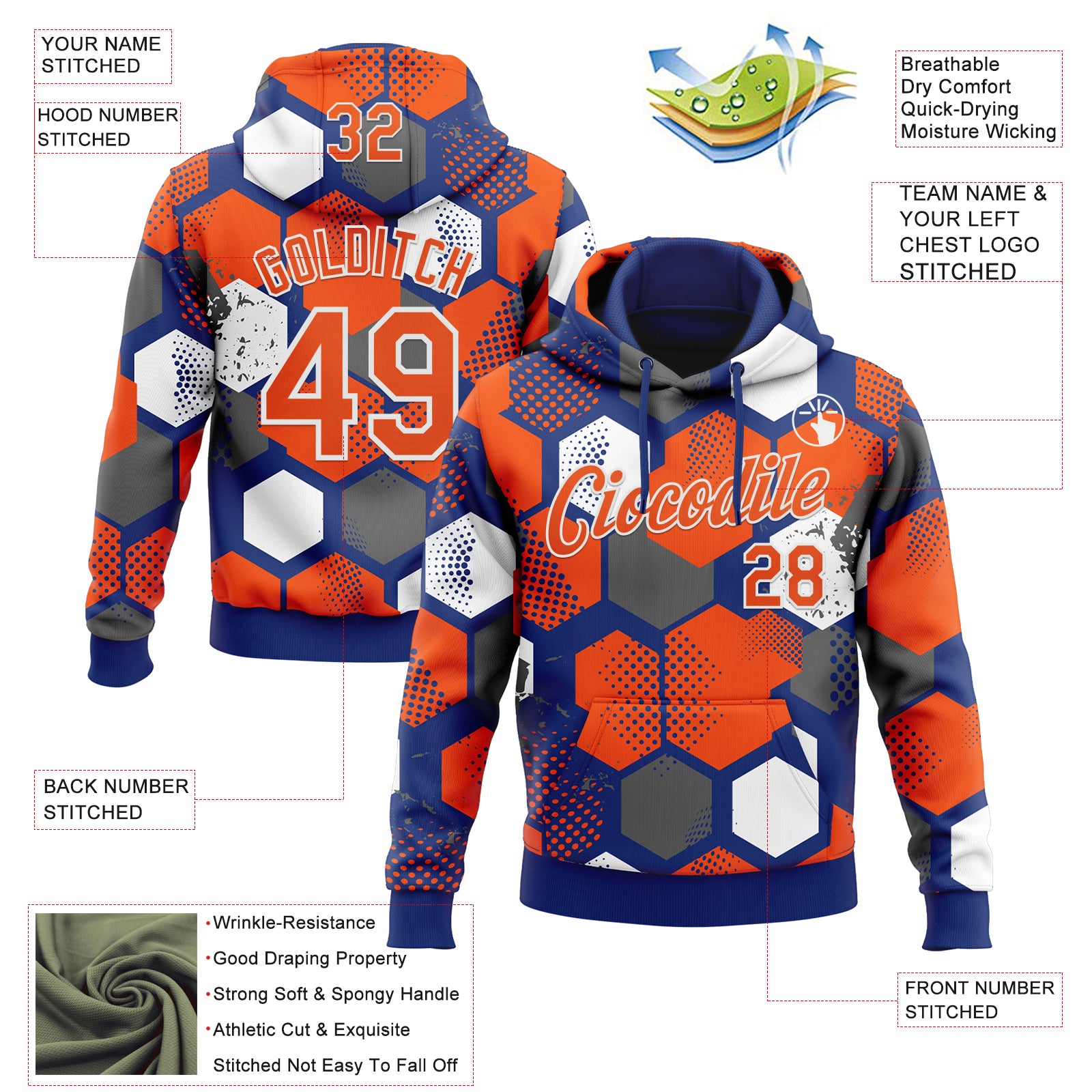 Custom Stitched Royal Orange-White Geometric Shape Pattern Sports Pullover Sweatshirt Hoodie