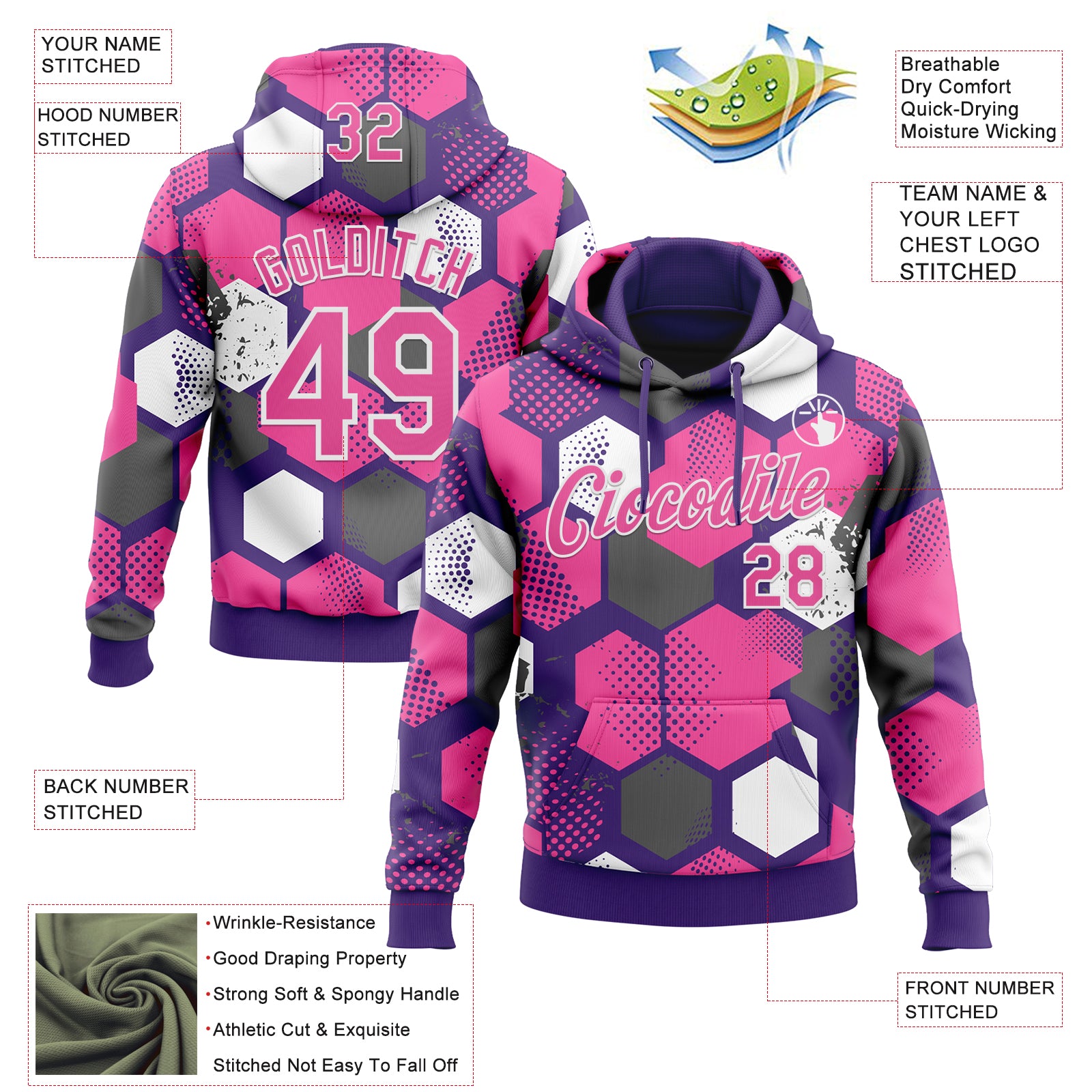Custom Stitched Purple Pink-White Geometric Shape Pattern Sports Pullover Sweatshirt Hoodie