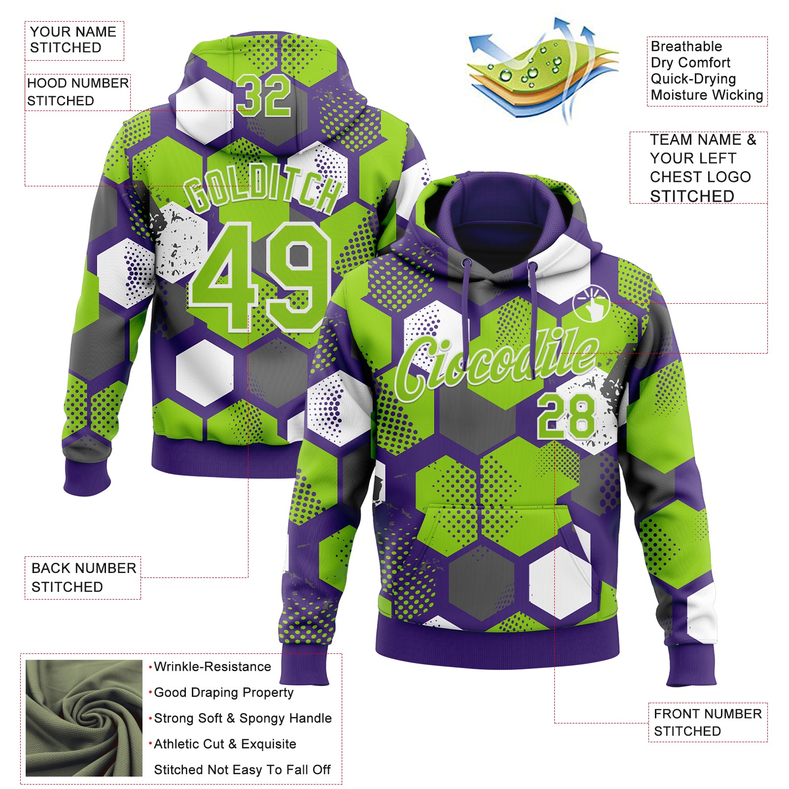 Custom Stitched Purple Neon Green-White Geometric Shape Pattern Sports Pullover Sweatshirt Hoodie