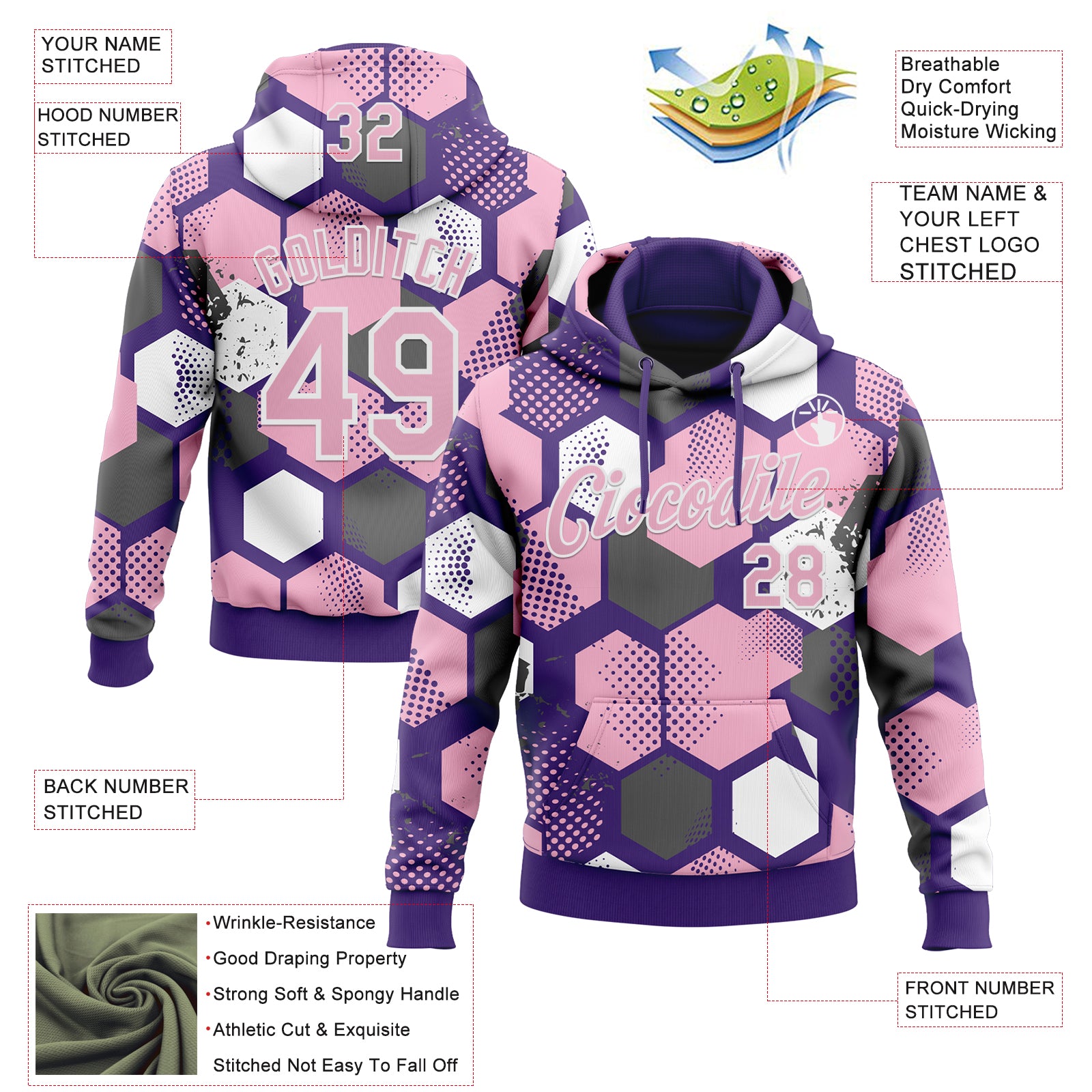 Custom Stitched Purple Light Pink-White Geometric Shape Pattern Sports Pullover Sweatshirt Hoodie