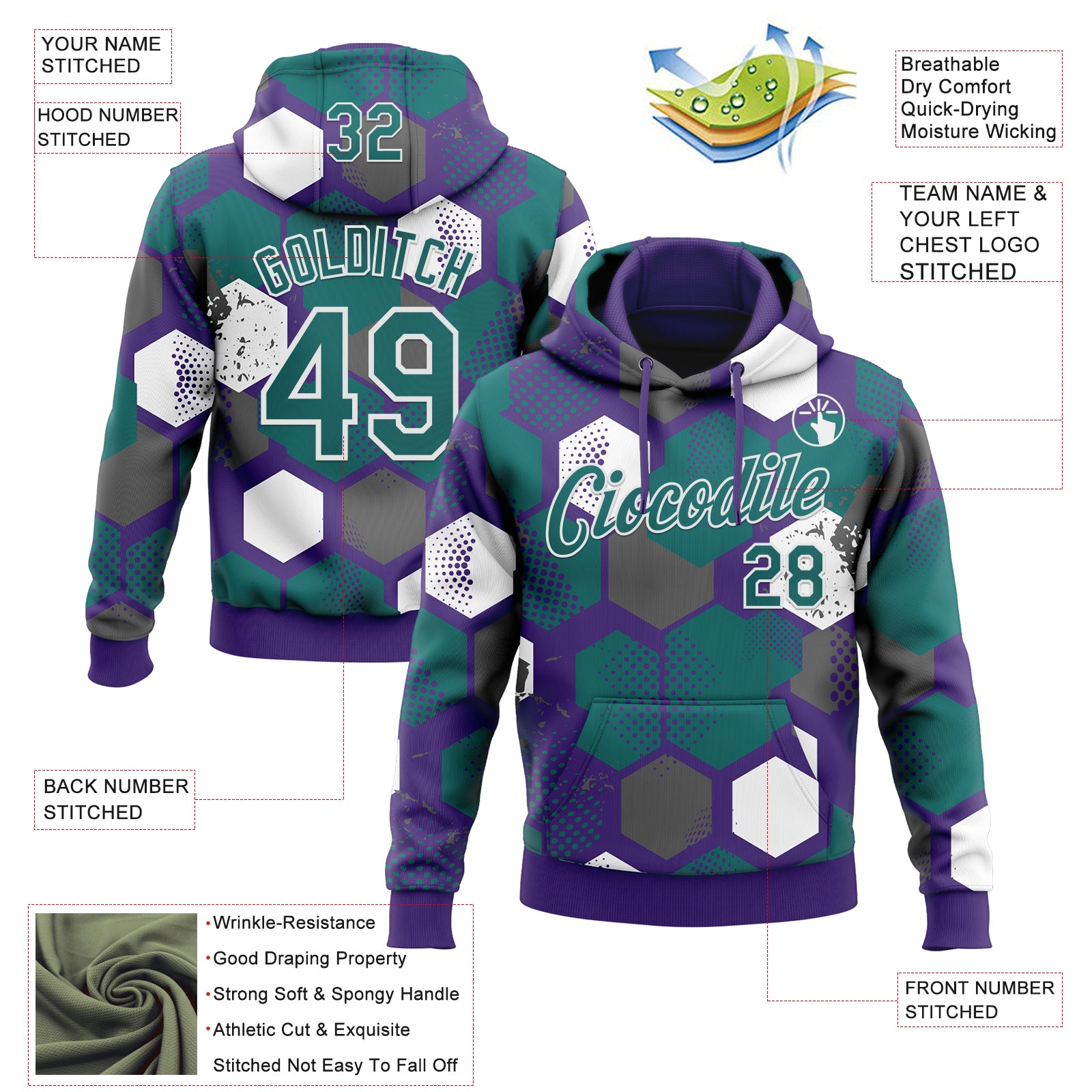 Custom Stitched Purple Teal-White Geometric Shape Pattern Sports Pullover Sweatshirt Hoodie