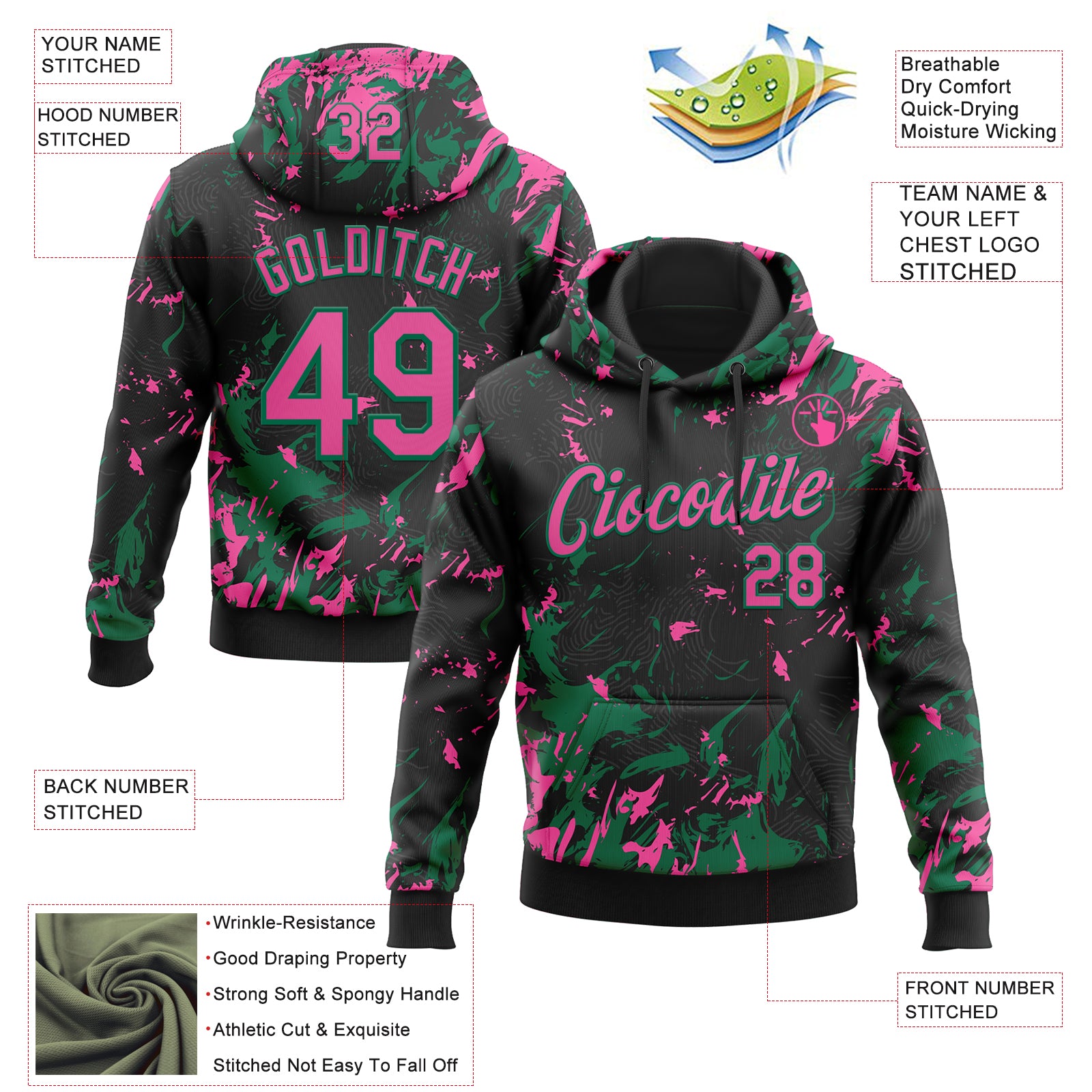 Custom Stitched Black Pink-Kelly Green Splash Sports Pullover Sweatshirt Hoodie