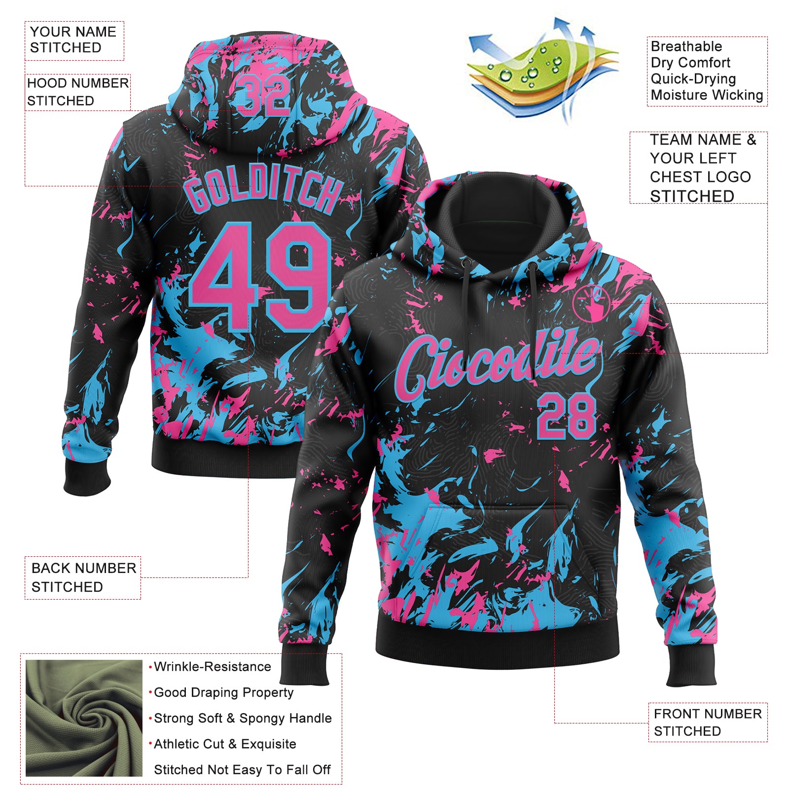 Custom Stitched Black Pink-Sky Blue Splash Sports Pullover Sweatshirt Hoodie