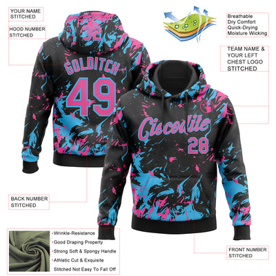 Custom Stitched Black Pink-Sky Blue Splash Sports Pullover Sweatshirt Hoodie