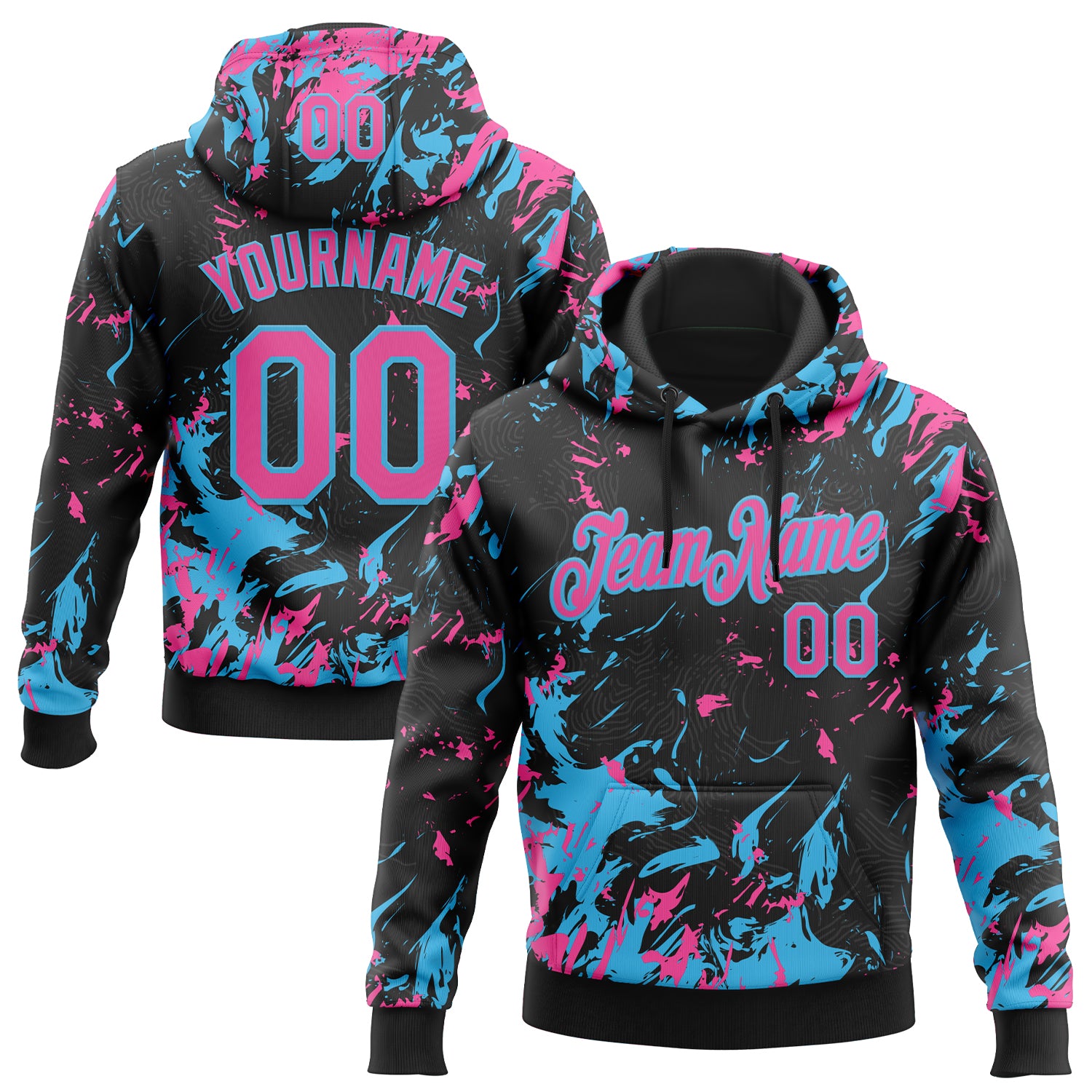 Custom Stitched Black Pink-Sky Blue Splash Sports Pullover Sweatshirt Hoodie