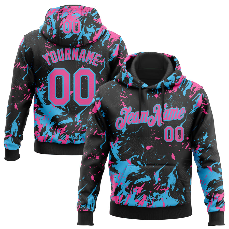 Custom Stitched Black Pink-Sky Blue Splash Sports Pullover Sweatshirt Hoodie