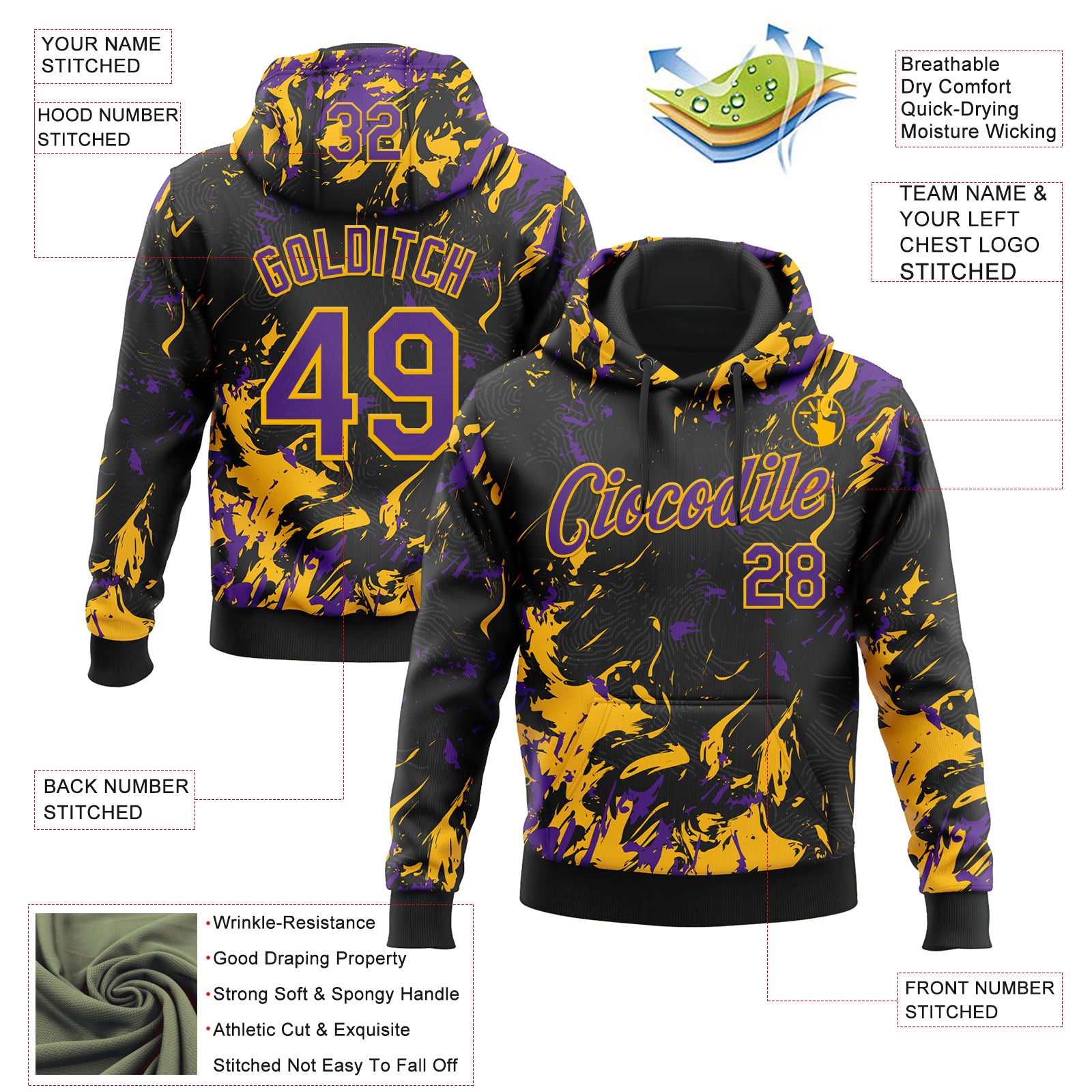 Custom Stitched Black Purple-Gold Splash Sports Pullover Sweatshirt Hoodie