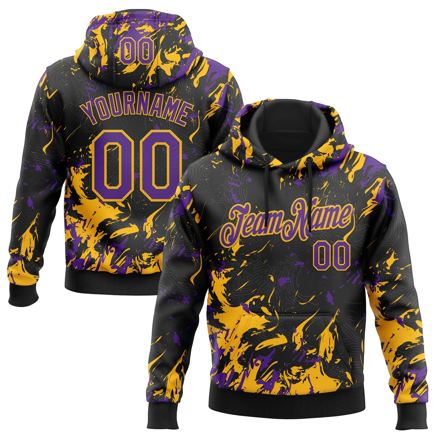 Custom Stitched Black Purple-Gold Splash Sports Pullover Sweatshirt Hoodie