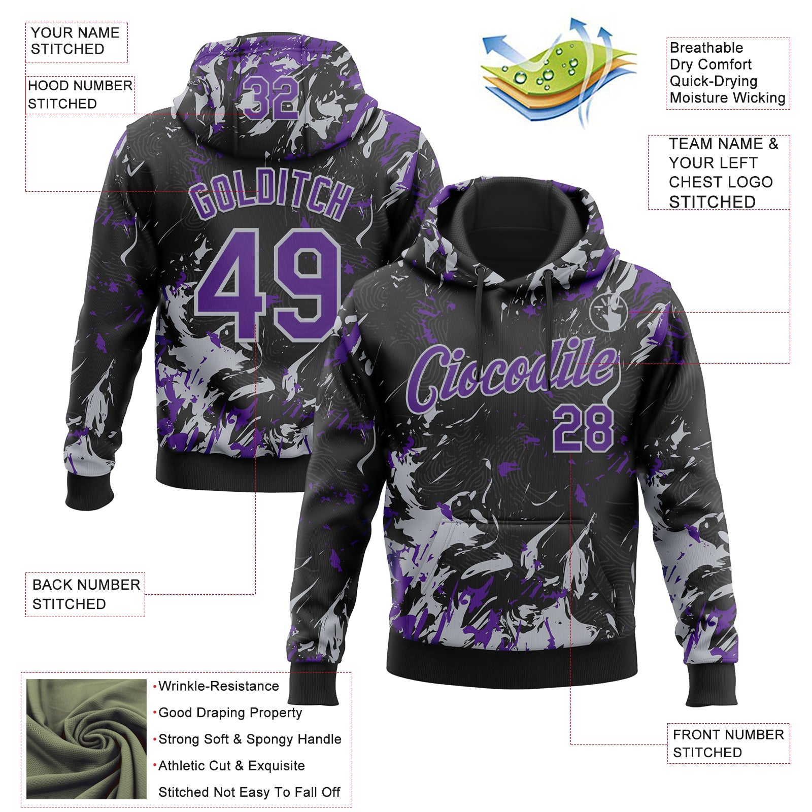 Custom Stitched Black Purple-Gray Splash Sports Pullover Sweatshirt Hoodie