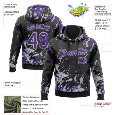 Custom Stitched Black Purple-Gray Splash Sports Pullover Sweatshirt Hoodie