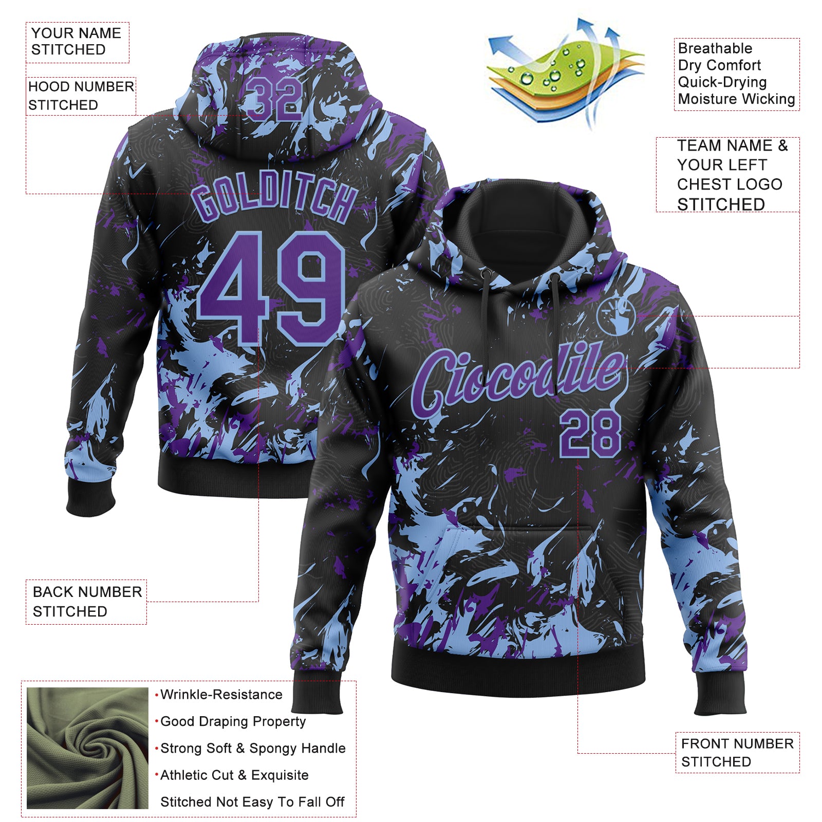 Custom Stitched Black Purple-Light Blue Splash Sports Pullover Sweatshirt Hoodie