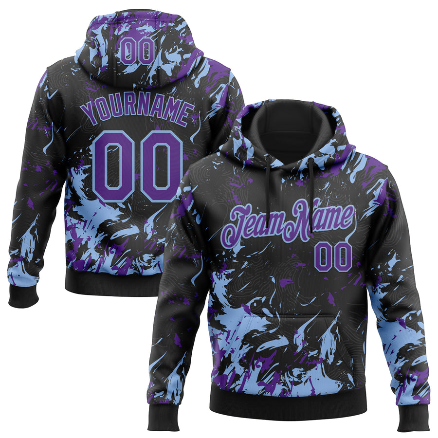 Custom Stitched Black Purple-Light Blue Splash Sports Pullover Sweatshirt Hoodie