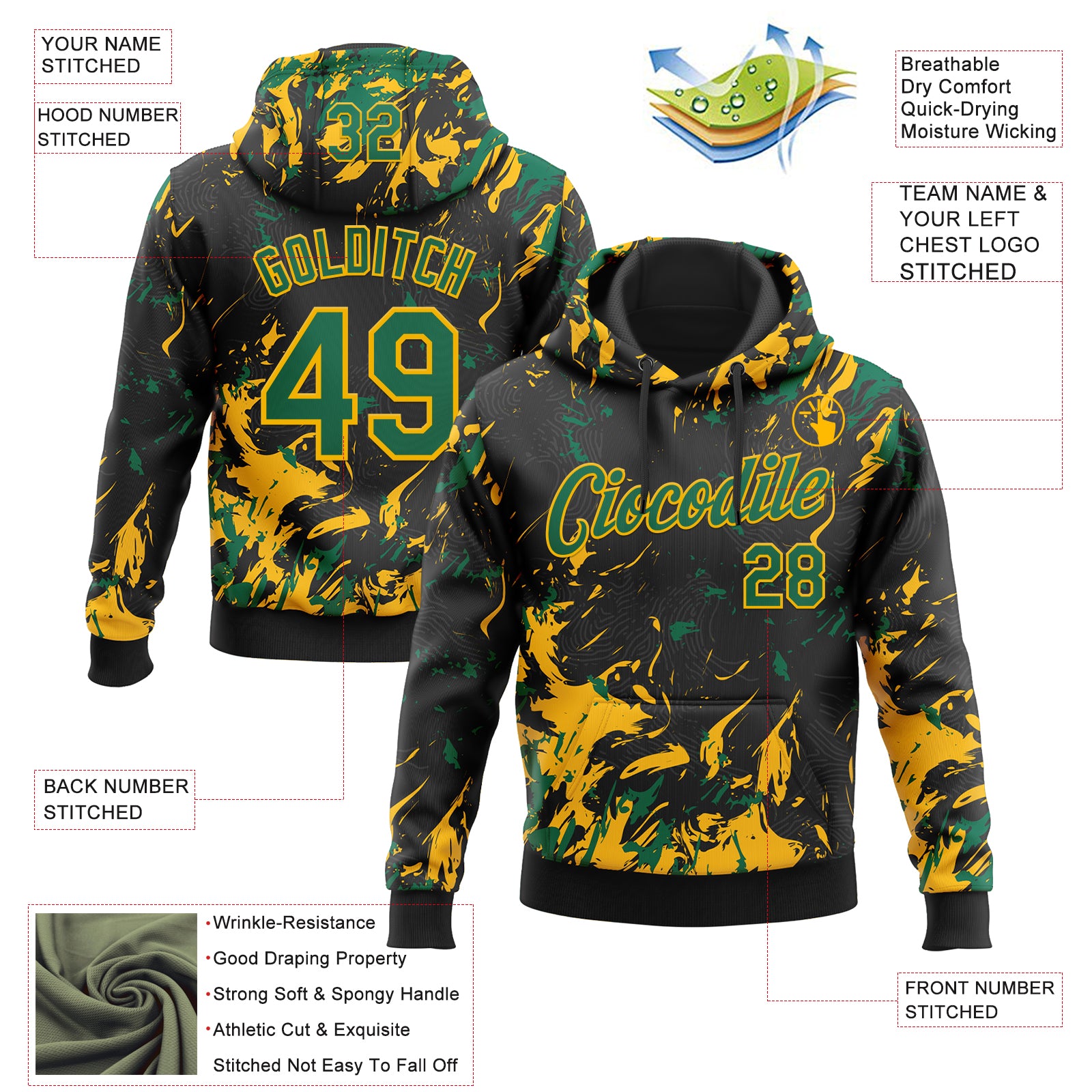 Custom Stitched Black Kelly Green-Gold Splash Sports Pullover Sweatshirt Hoodie