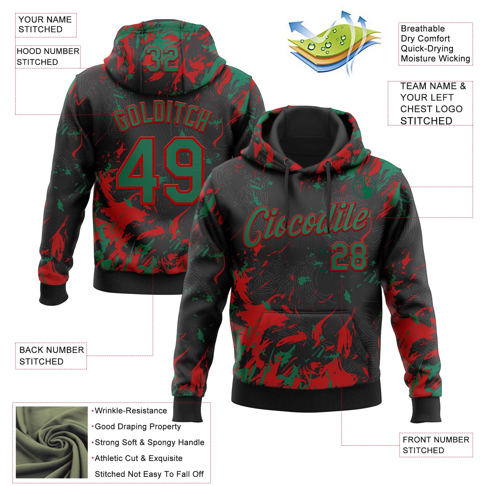 Custom Stitched Black Kelly Green-Red Splash Sports Pullover Sweatshirt Hoodie