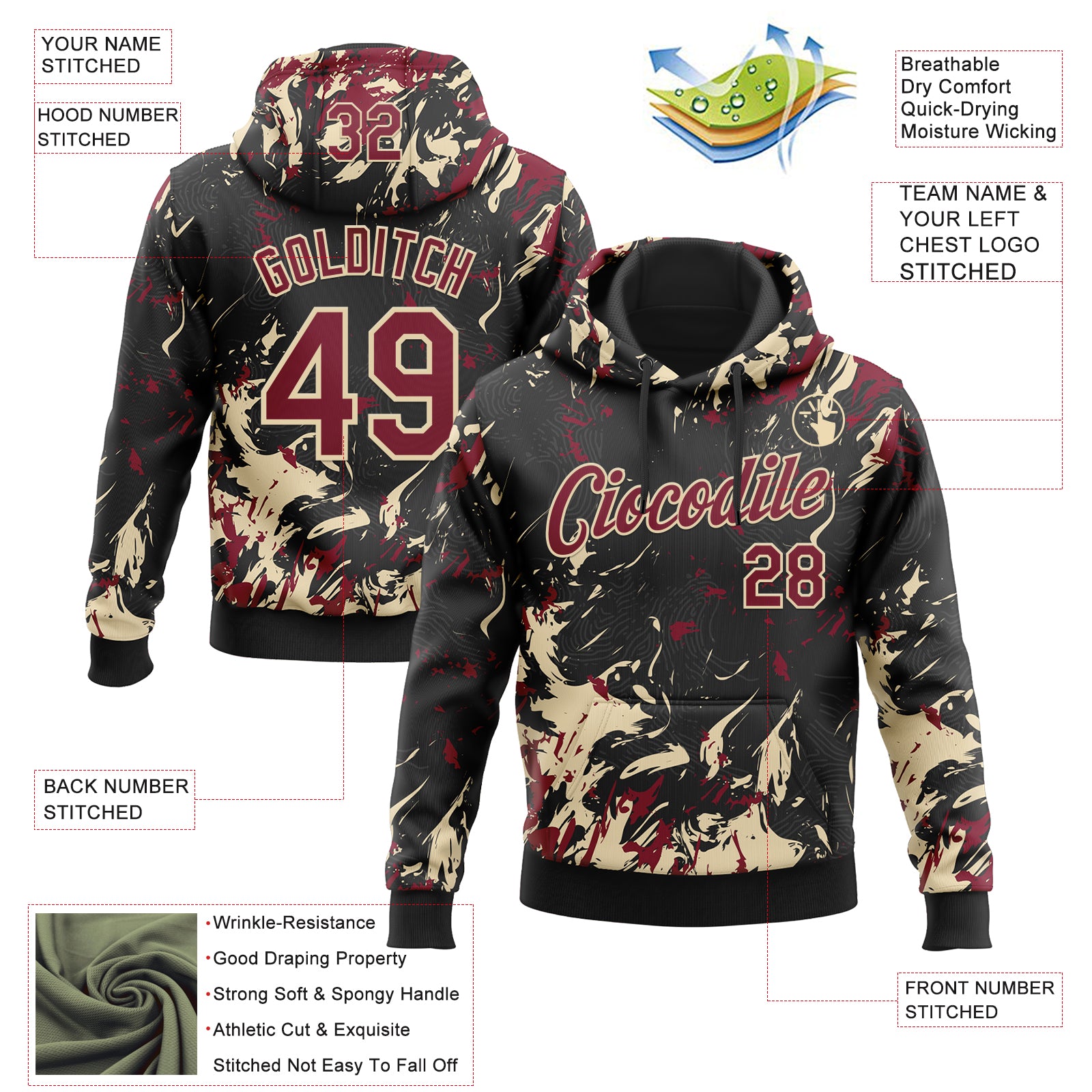 Custom Stitched Black Crimson-Cream Splash Sports Pullover Sweatshirt Hoodie