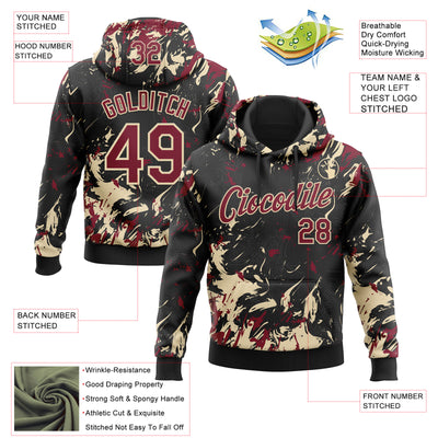 Custom Stitched Black Crimson-Cream Splash Sports Pullover Sweatshirt Hoodie