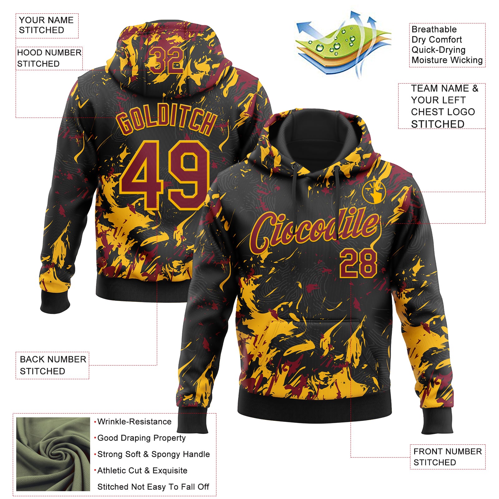 Custom Stitched Black Crimson-Gold Splash Sports Pullover Sweatshirt Hoodie