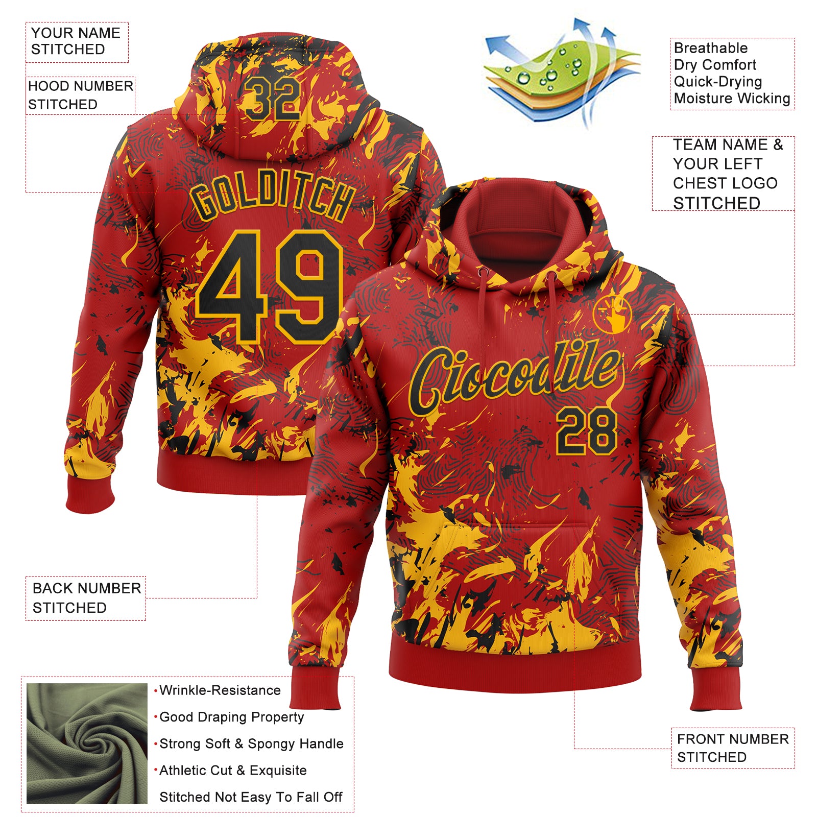 Custom Stitched Red Black-Gold Splash Sports Pullover Sweatshirt Hoodie
