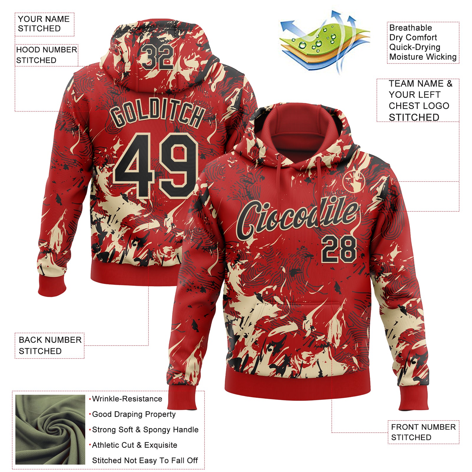 Custom Stitched Red Black-Cream Splash Sports Pullover Sweatshirt Hoodie
