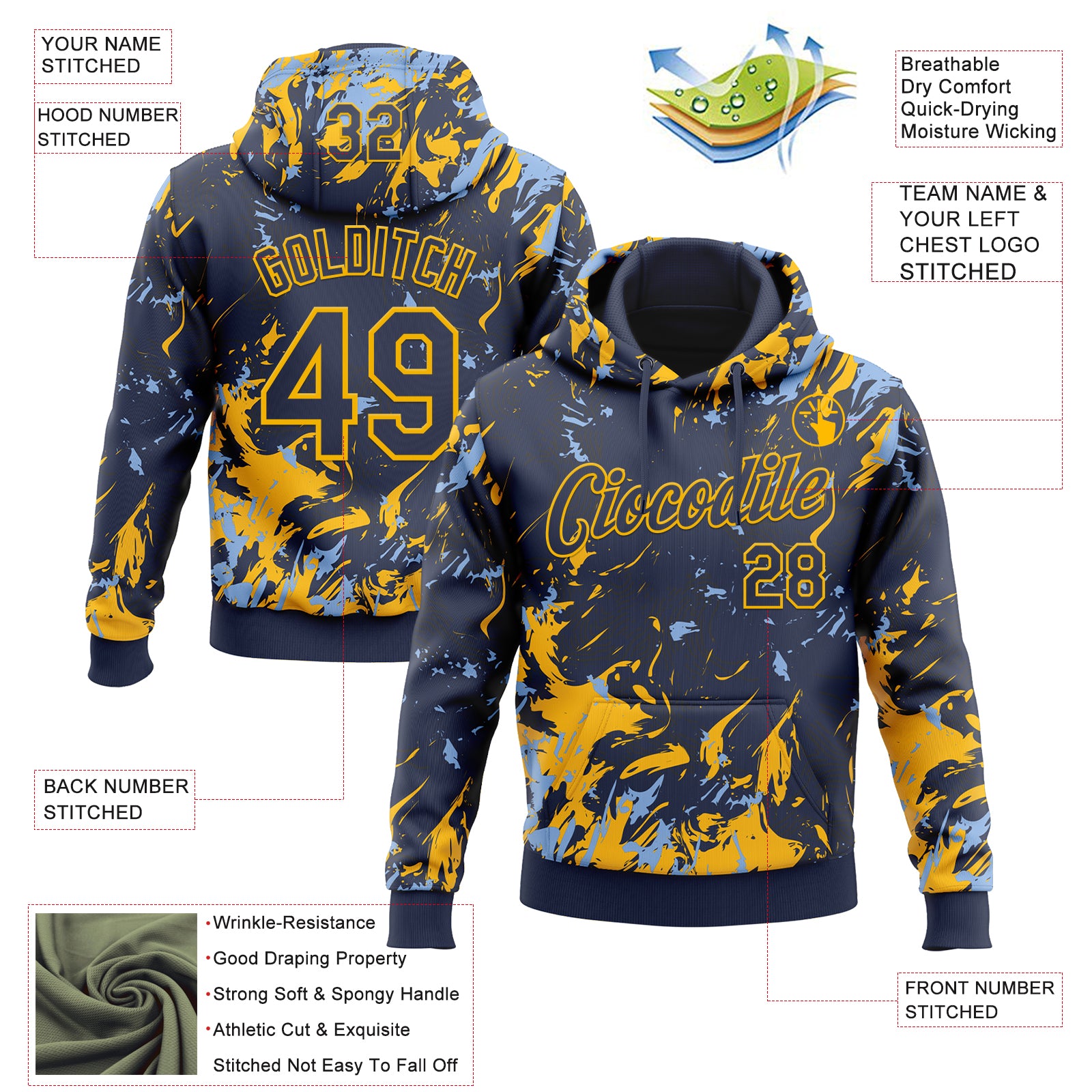 Custom Stitched Navy Gold-Light Blue Splash Sports Pullover Sweatshirt Hoodie