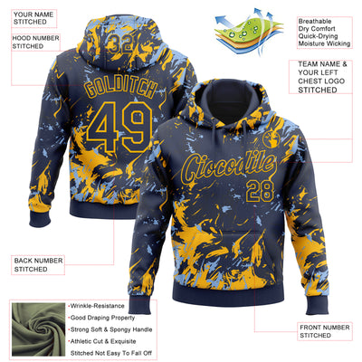 Custom Stitched Navy Gold-Light Blue Splash Sports Pullover Sweatshirt Hoodie