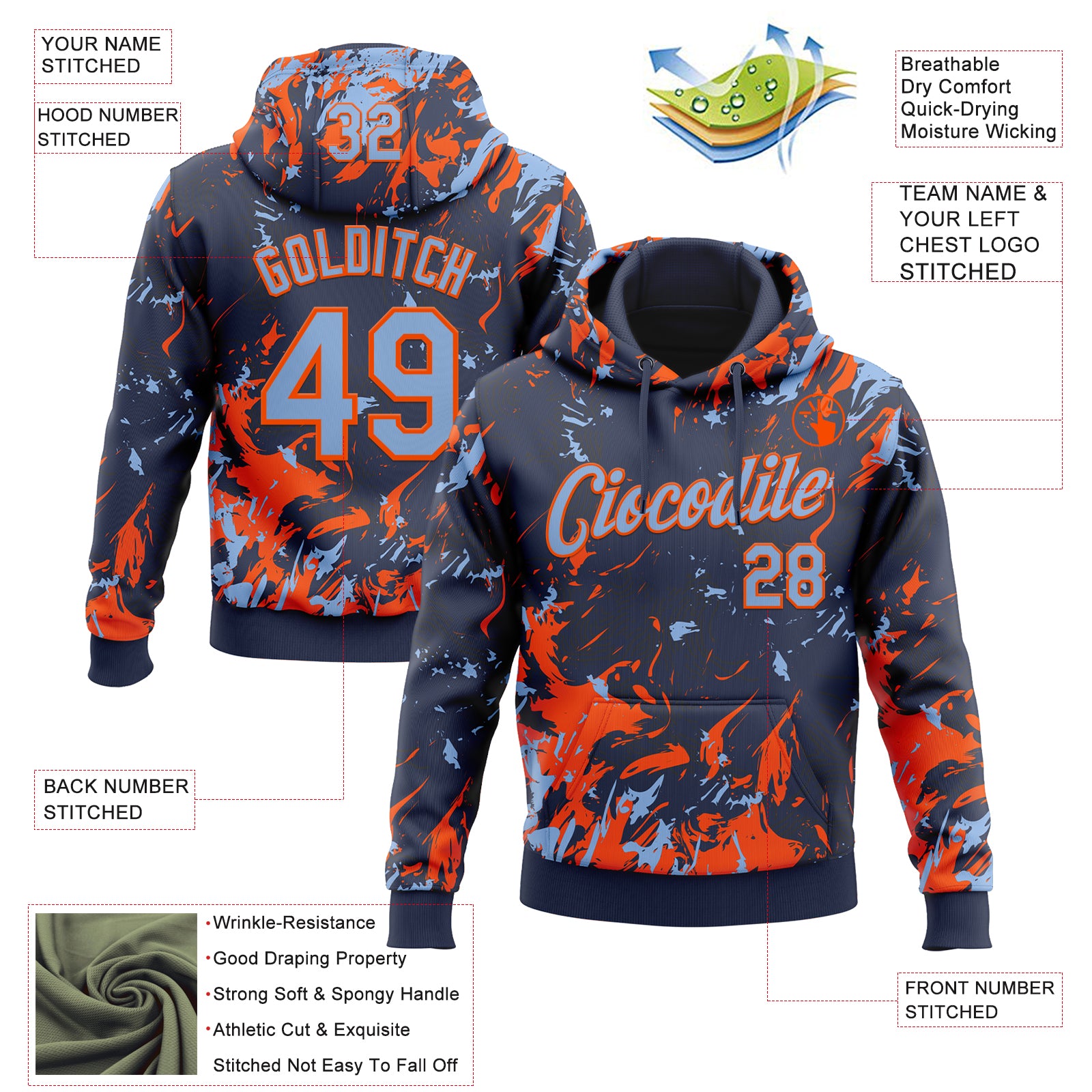 Custom Stitched Navy Light Blue-Orange Splash Sports Pullover Sweatshirt Hoodie