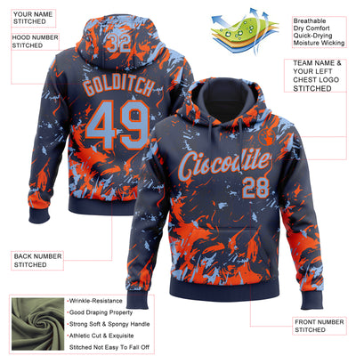 Custom Stitched Navy Light Blue-Orange Splash Sports Pullover Sweatshirt Hoodie