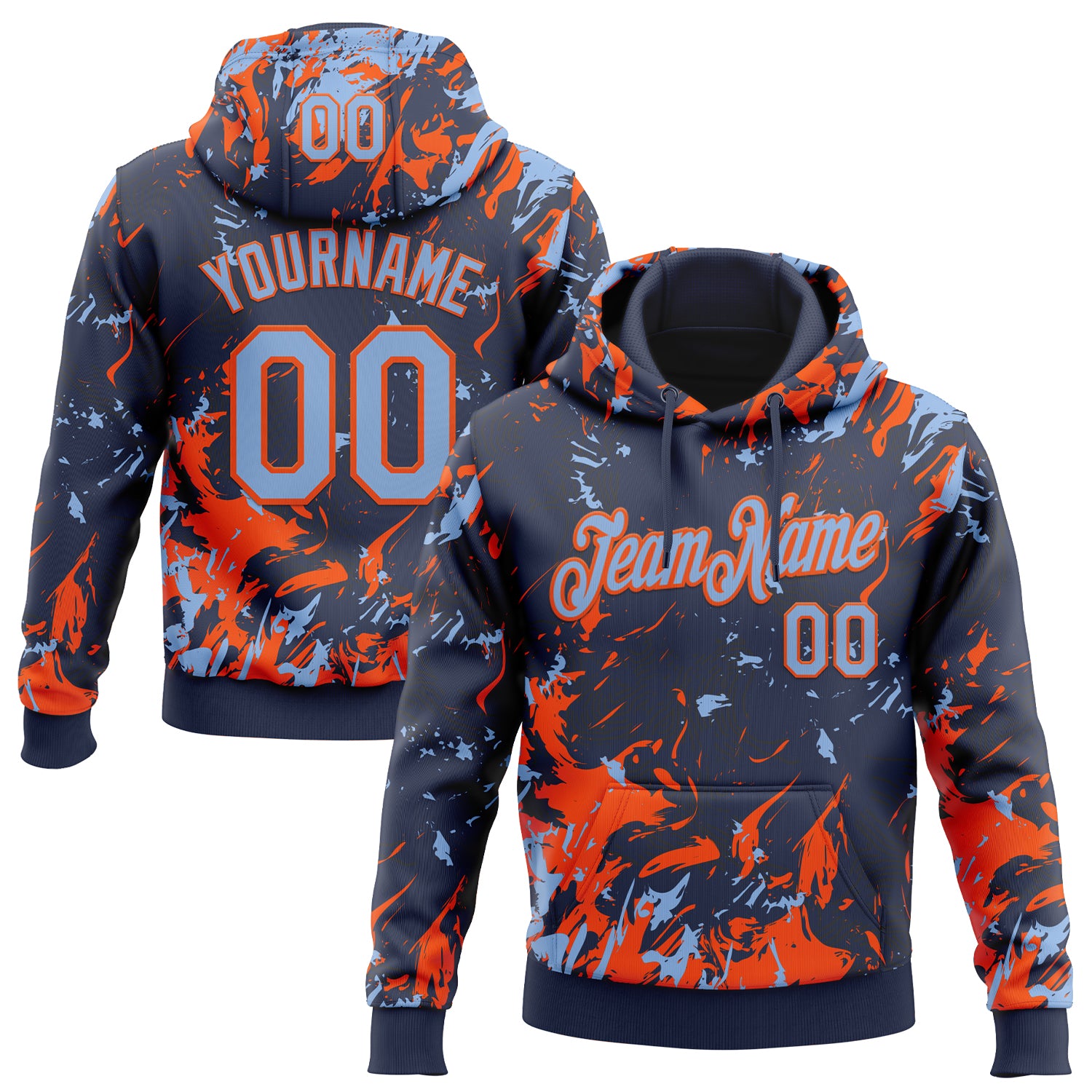 Custom Stitched Navy Light Blue-Orange Splash Sports Pullover Sweatshirt Hoodie