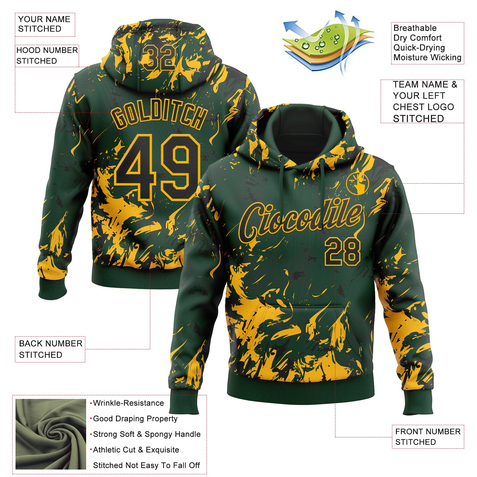 Custom Stitched Green Black-Gold Splash Sports Pullover Sweatshirt Hoodie