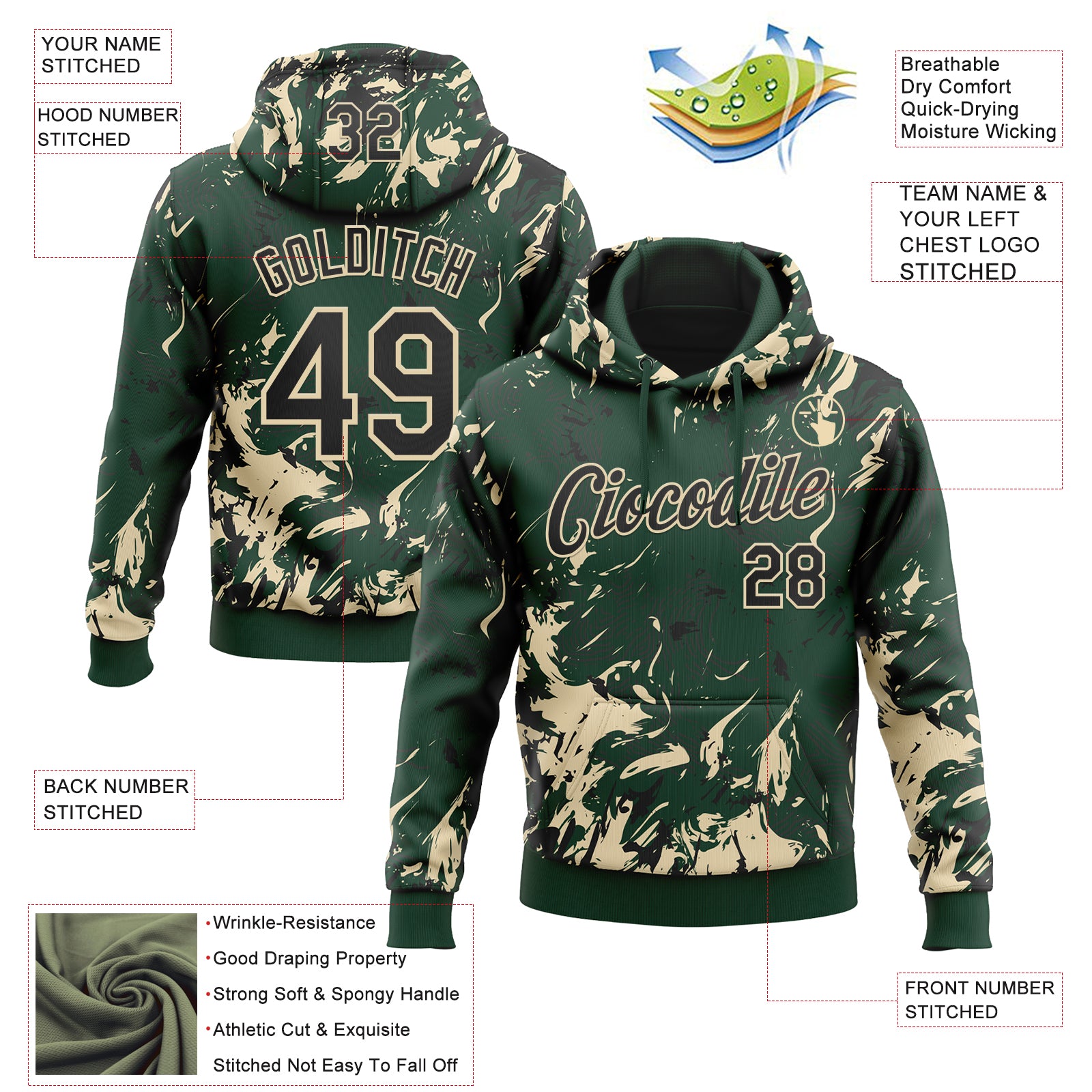 Custom Stitched Green Black-Cream Splash Sports Pullover Sweatshirt Hoodie