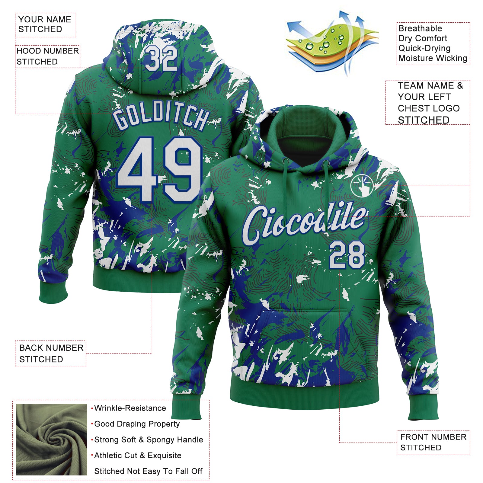 Custom Stitched Kelly Green White-Royal Splash Sports Pullover Sweatshirt Hoodie