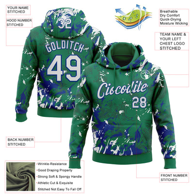 Custom Stitched Kelly Green White-Royal Splash Sports Pullover Sweatshirt Hoodie