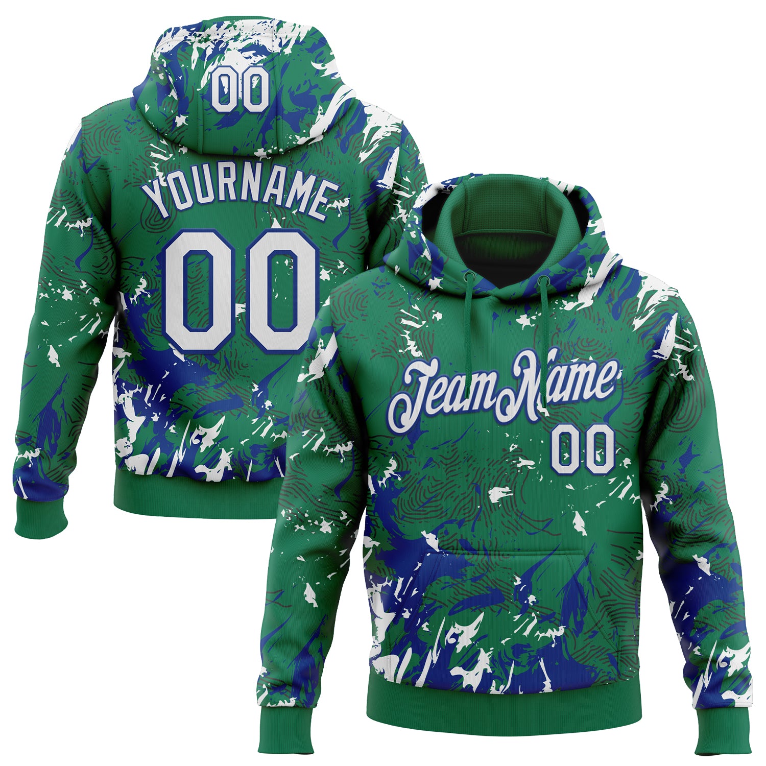 Custom Stitched Kelly Green White-Royal Splash Sports Pullover Sweatshirt Hoodie