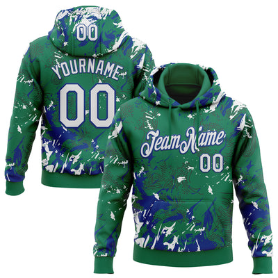 Custom Stitched Kelly Green White-Royal Splash Sports Pullover Sweatshirt Hoodie