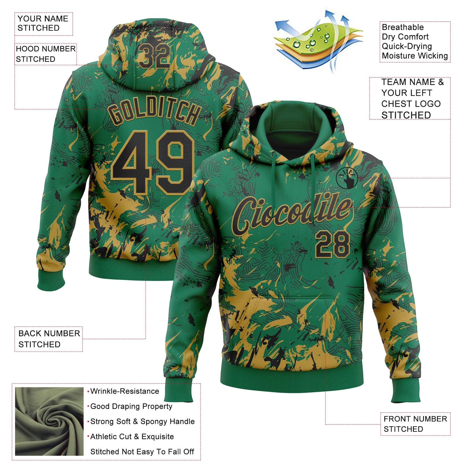 Custom Stitched Kelly Green Black-Old Gold Splash Sports Pullover Sweatshirt Hoodie