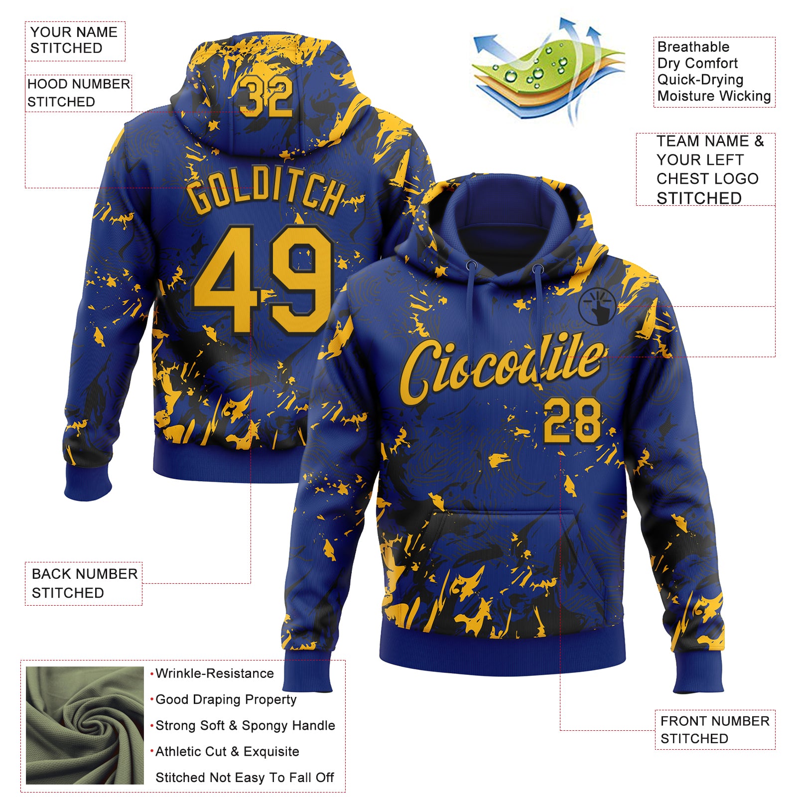 Custom Stitched Royal Gold-Black Splash Sports Pullover Sweatshirt Hoodie