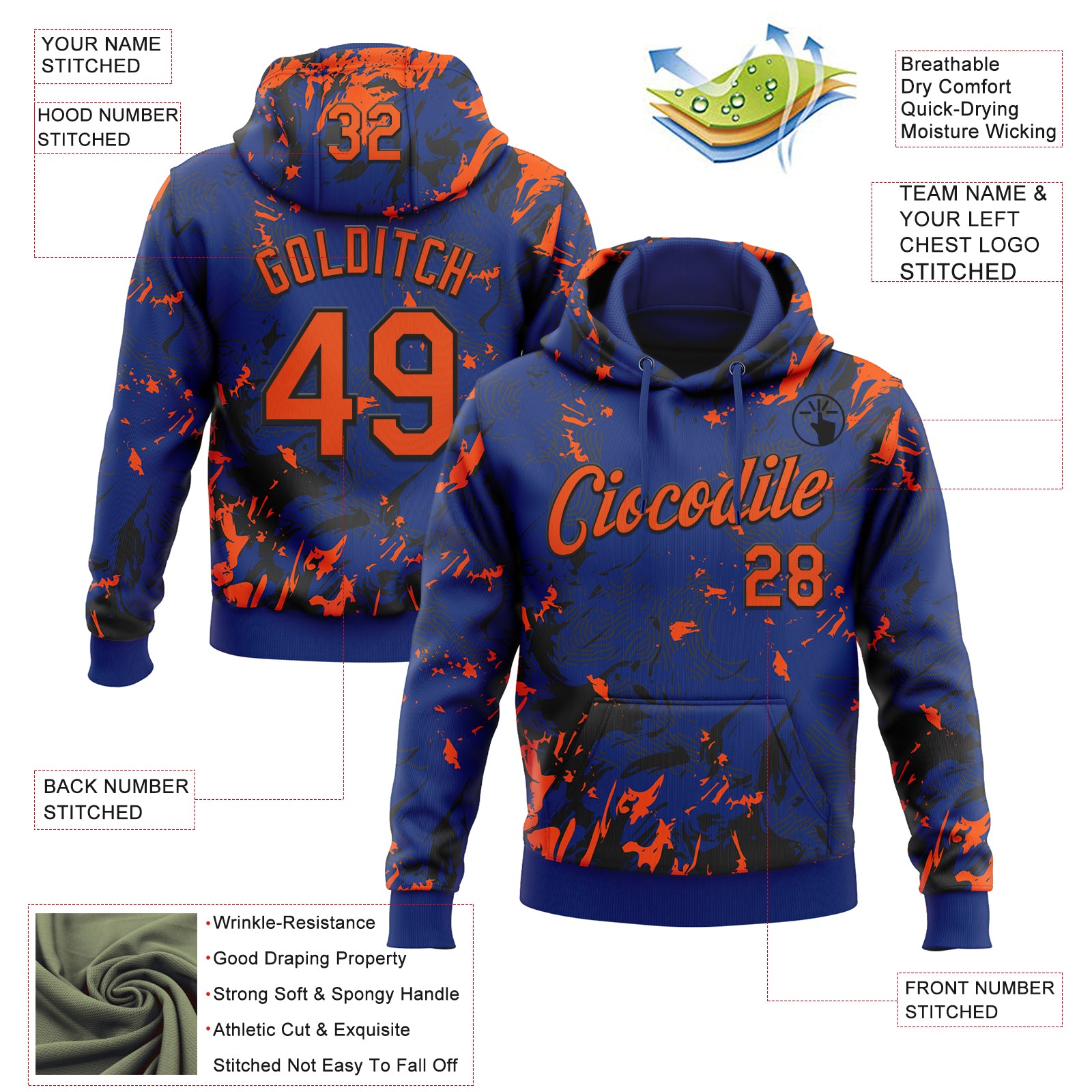 Custom Stitched Royal Orange-Black Splash Sports Pullover Sweatshirt Hoodie