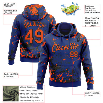 Custom Stitched Royal Orange-Black Splash Sports Pullover Sweatshirt Hoodie