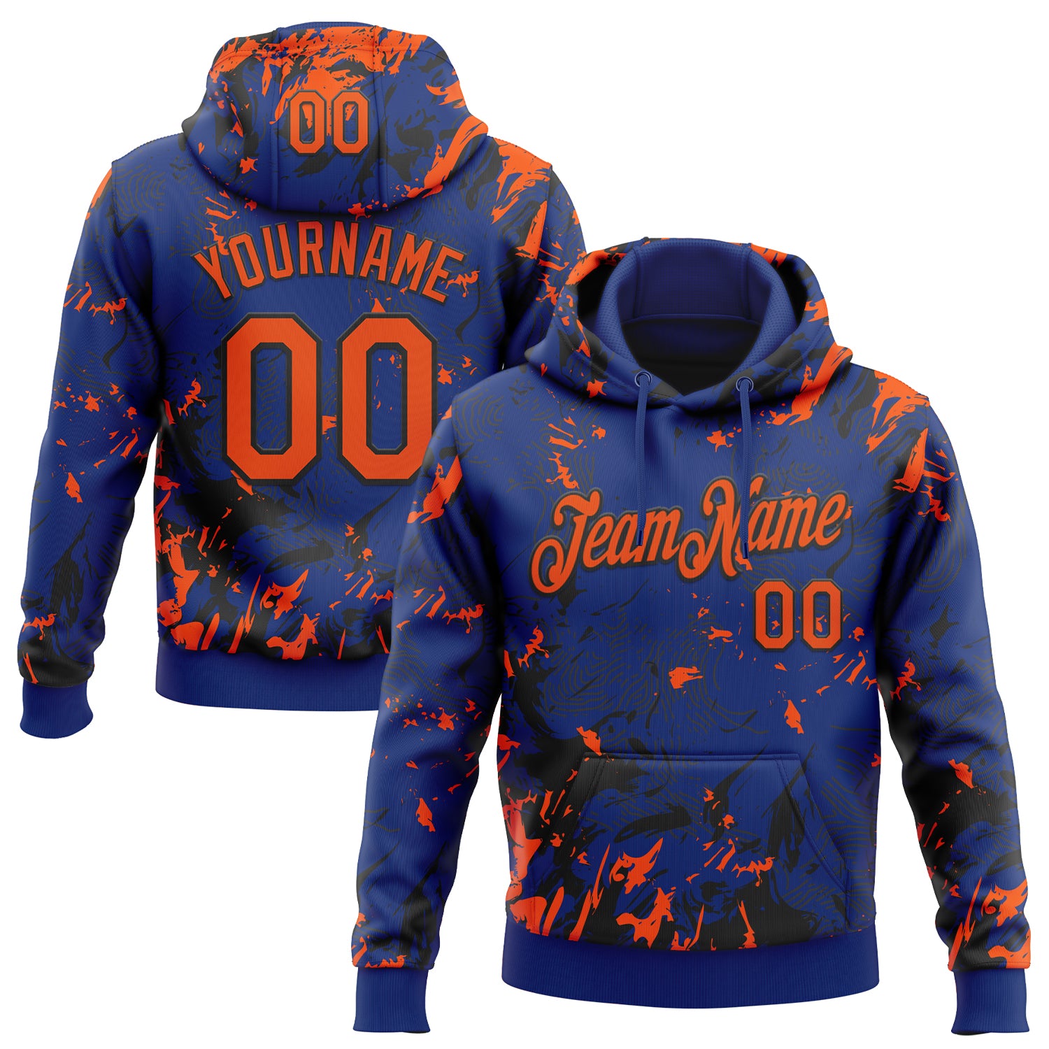 Custom Stitched Royal Orange-Black Splash Sports Pullover Sweatshirt Hoodie