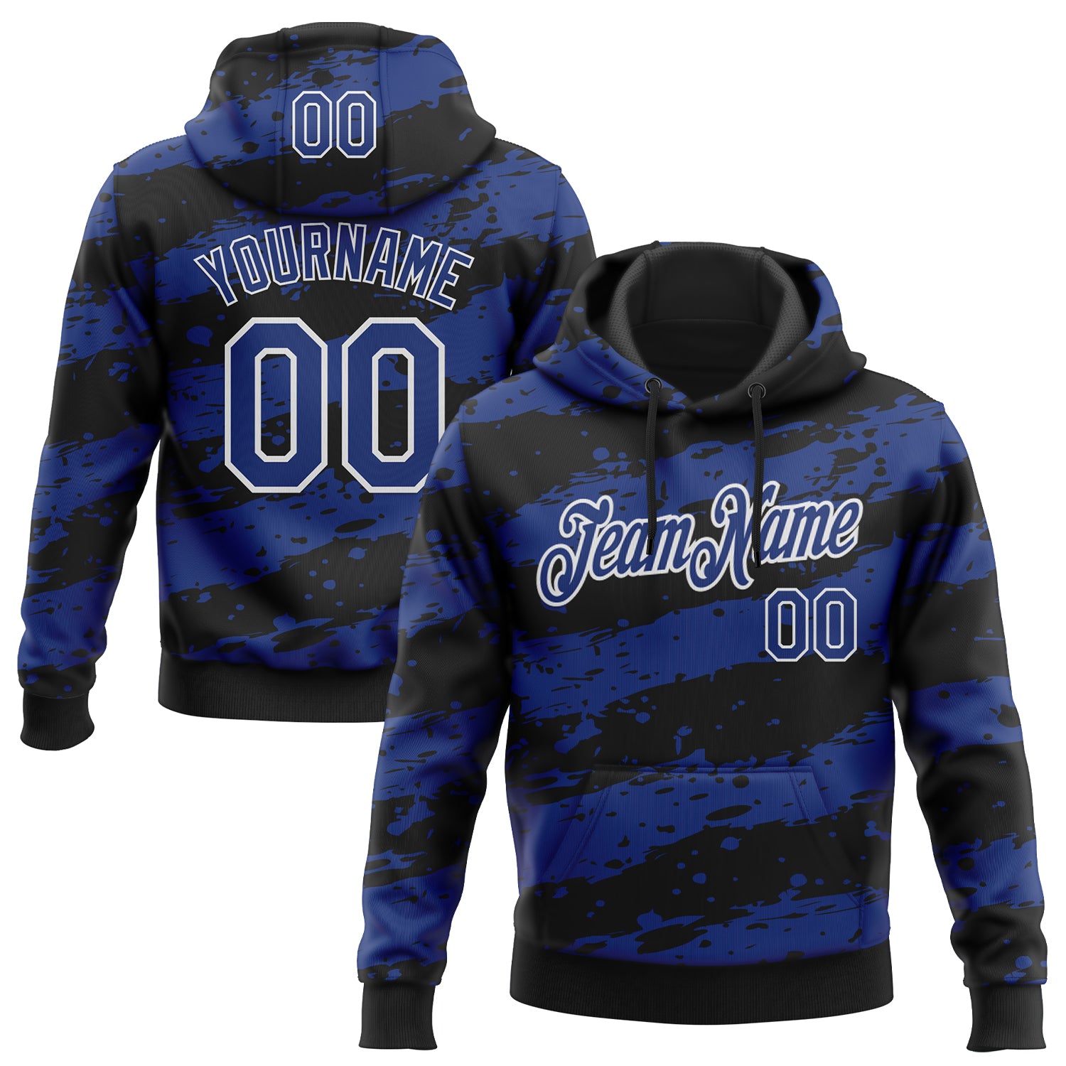 Custom Stitched Black Royal-White Splash Torn Paper Style Sports Pullover Sweatshirt Hoodie