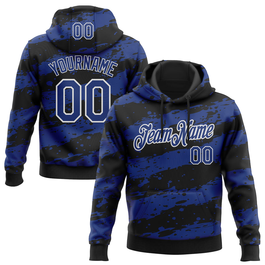 Custom Stitched Black Royal-White Splash Torn Paper Style Sports Pullover Sweatshirt Hoodie