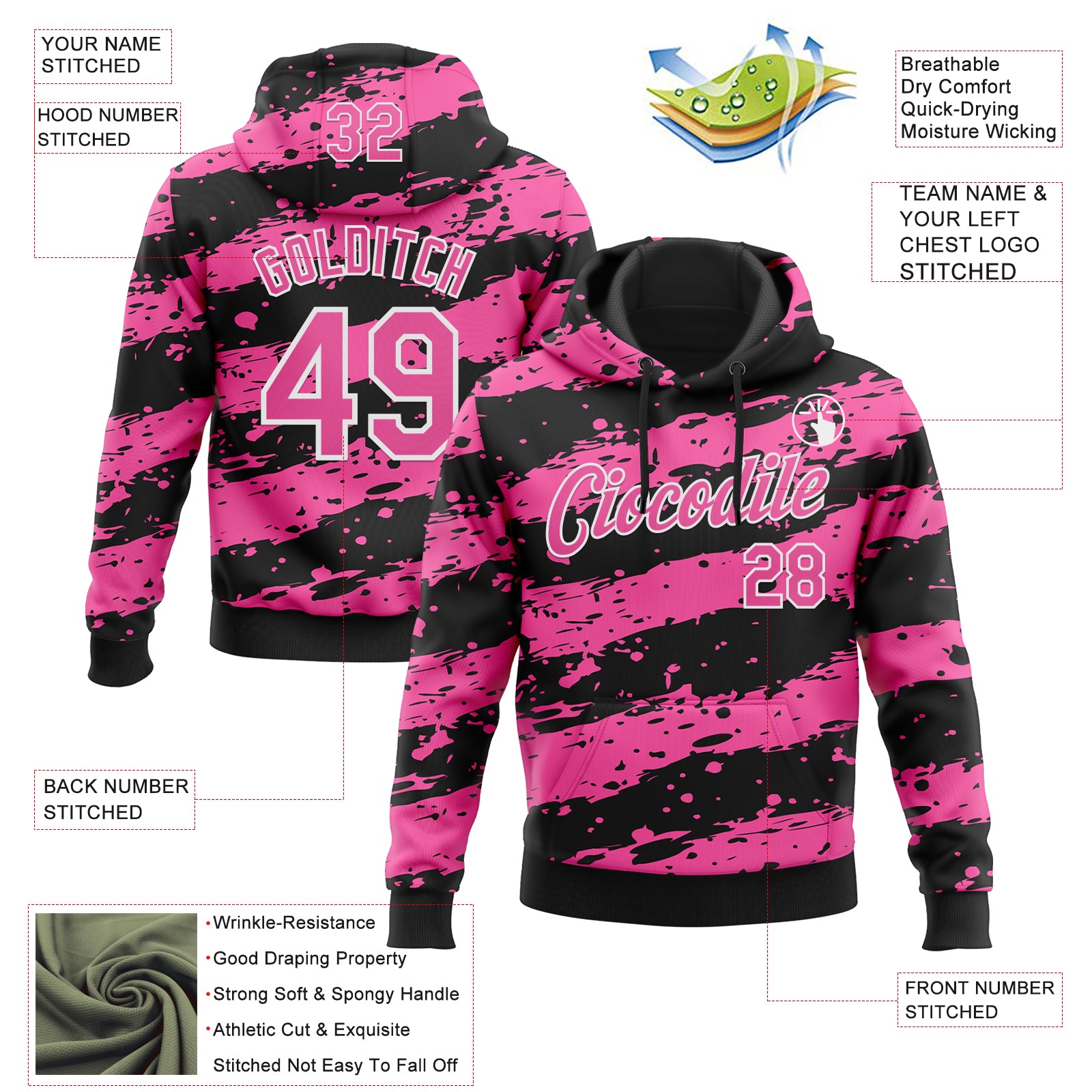 Custom Stitched Black Pink-White Splash Torn Paper Style Sports Pullover Sweatshirt Hoodie