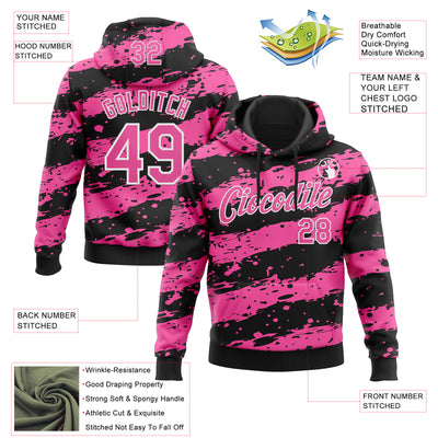 Custom Stitched Black Pink-White Splash Torn Paper Style Sports Pullover Sweatshirt Hoodie