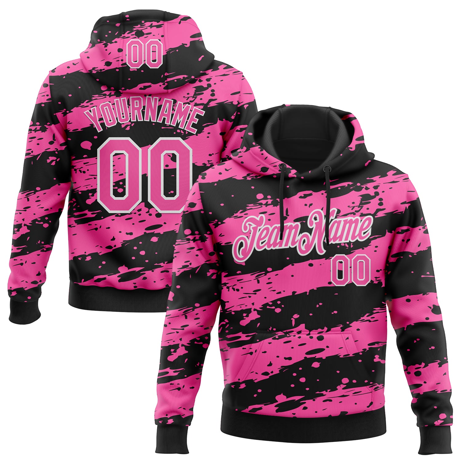 Custom Stitched Black Pink-White Splash Torn Paper Style Sports Pullover Sweatshirt Hoodie