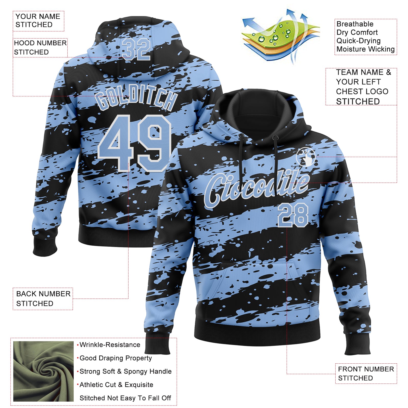Custom Stitched Black Light Blue-White Splash Torn Paper Style Sports Pullover Sweatshirt Hoodie